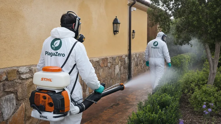 Técnicos de Fumigaciones Mataró fumigando con equipo de protección en Mataró